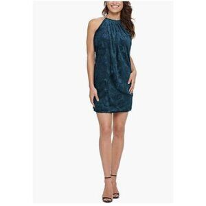 Kensie Shift Dress Womens 4 Teal Velvet Burnout Sleeveless Gold Strap Party Date